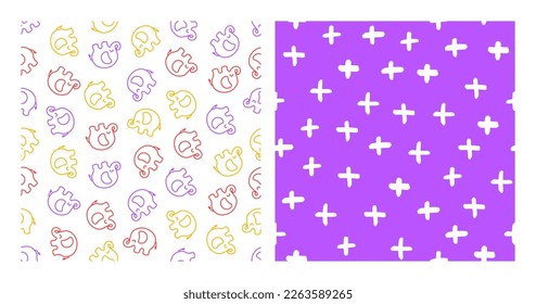 Set of 2 seamless patterns with colorful elephants and hand drawn cross