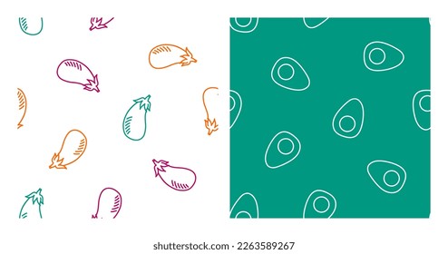 Set of 2 seamless patterns with colorful eggplant and white outline boiled egg