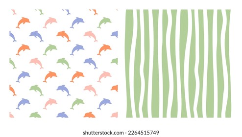 Set of 2 seamless patterns with colorful dolphin and vertical wavy lines