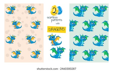 Set of 2 seamless patterns with cute baby dragon. Simple vector style. Suitable for childrens wallpaper, wrapping paper and textiles.