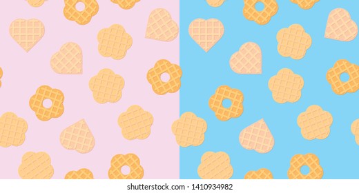 Set of the 2 seamless patterns. Embossed cookies on the blue and pink backgrounds.