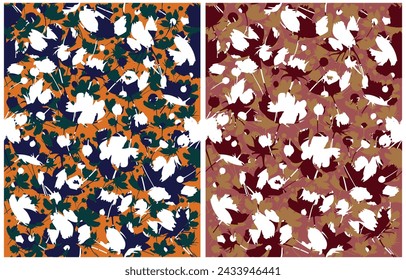 Set of 2 Seamless Patterns With Leaves. Trendy Irregular Floral Print with Abstract Leaves Isolated on an Orange and Red Background. Modern Hand drawn Floral Patterns.
