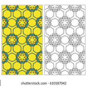 set of 2 of seamless patterns. The left element is a colored pattern in the style of a kaleidoscope mosaic.  right element is the contour of the left in the form of a lacy texture with floral ornament