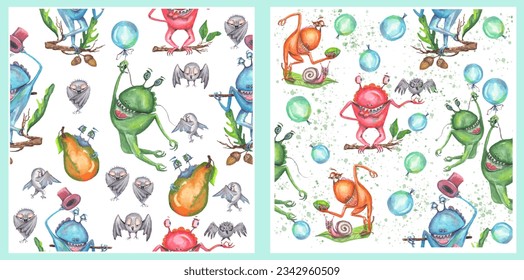 Set of 2 seamless patterns. Monsters are dragons. Suitable for children's clothes, wallpapers, cards, congratulations, for the year of the green dragon