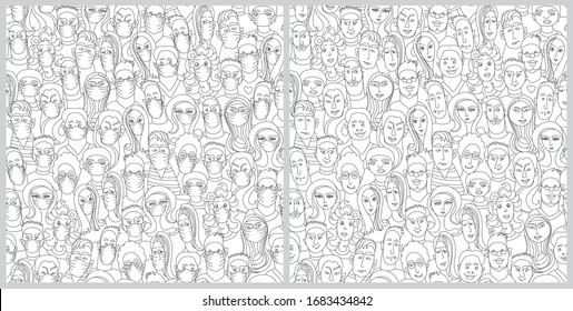 Set of 2 seamless patterns with people in medical protective masks and without masks on a white background. COVID-19, flu epidemic, infectious diseases concept, web page fill, coloring book 