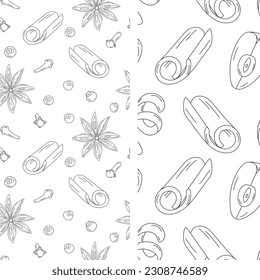 Set of 2 seamless patterns with spice and ingredients for mulled wine. Cinnamon stick, apple slice, peel and star anise, cloves. Hand drawn Line Art. Isolate. Vector. EPS. Design for wrapping or card.
