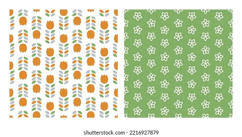 Set of 2 seamless patterns with tulips and outline tiny flowers.