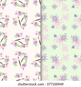 Set of 2 seamless patterns with watercolor blots and brushes