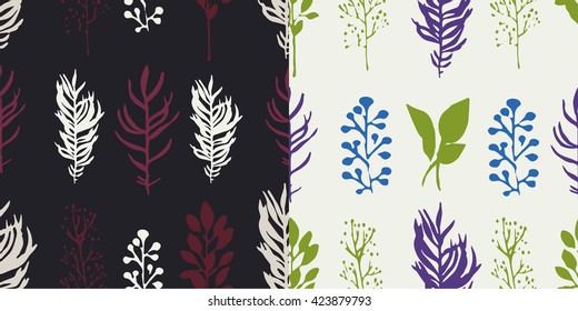 Set of 2 seamless sprigs of flowers and leaves on white and black backgrounds