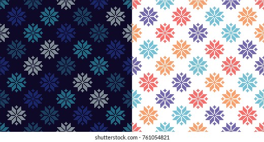 Set of 2 Seamless vector backgrounds cross stitch Norwegian snowflakes. Folk motifs. Winter pattern. Textile rapport.