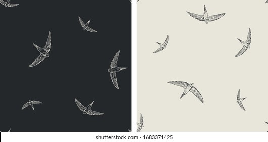 Set of 2 seamless vector pattern with flying swallows, swifts. Doodle dark background with birds