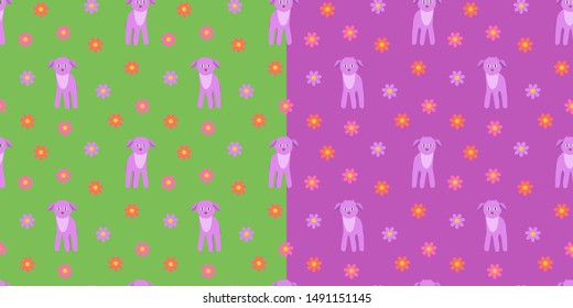 Set of 2 seamless vector patterns with funny goat and abstract flowers. Children's seamless pattern with funny goats.