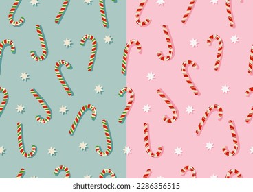 Set of 2 seamless vector patterns with candy canes and stars on a pink and blue backgrounds. Cute holiday vertical design. Perfect for textile, fabric, prints or wrapping paper.