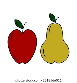 Set of 2 seasonal fruits apple and pear in trendy muted shades. Happy Thanksgiving day. Vector. EPS. Sticker. Icon. Isolate. Design for poster, banner, brochure or pattern, cards, wrapping or label.