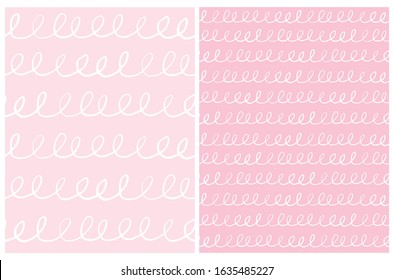 Set of 2 Simple Abstract Geometric Vector Patterns. Irregular White Brush Loops Isolated on a Pink Background. White Hand Drawn Lines on a Pink Layout. Funny Striped Print for Fabric, Textile. 