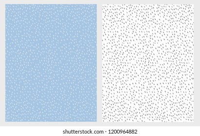 Set of 2 Simple Abstract Hand Drawn Brushed Vector Patterns. Blue and White Background. White and Dark Grey Short Irregular Lines. Cute Soft Infantile Design. 