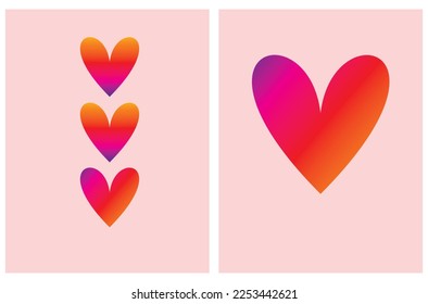 Conjunto de 2 simples ilustraciones vectoriales románticas con corazones rojos-violetas en un fondo rosado pastel. Impresiones multicolores de corazón ideales para el arte de la pared, afiche, saludos. Tarjeta de San Valentín.
