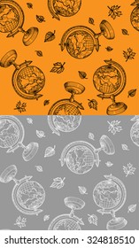 Set of 2 Sketch globe and autumn leaves isolated on background. Back to School doodle seamless pattern. Line art cartoon Earth Globe.Design element for wallpapers, web site background, wrapping paper.