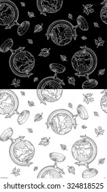 Set of 2 Sketch globe and autumn leaves isolated on background. Back to School doodle seamless pattern. Line art cartoon Earth Globe.Design element for wallpapers, web site background, wrapping paper.