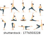 Set #2 of slim sportive young woman doing yoga & fitness exercises. Healthy lifestyle. Collection of female cartoon characters demonstrating various yoga poses isolated on white background - Vector 