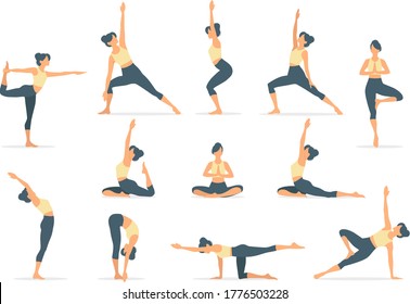 Set #2 of slim sportive young woman doing yoga & fitness exercises. Healthy lifestyle. Collection of female cartoon characters demonstrating various yoga poses isolated on white background - Vector 