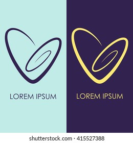 Set of 2 spiral Heart Logo. Simple clear linear icon. Vector logotype in two color combinations. Yellow, blue and violet. Love template for romantic or wedding design