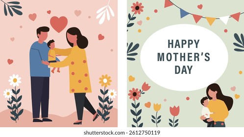 Set of 2 square vector graphics for Happy Mother's Day. Features loving family scenes, mother and child, flowers and hearts. Ideal for greeting cards and social media posts.