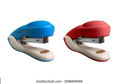 Set of 2 staplers. Realistic vector illustration. Blue and red isolated on white background