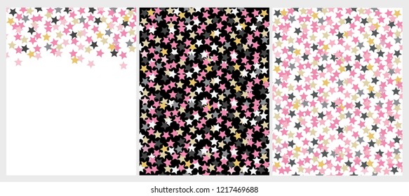 Set of 2 Star Vector Patterns and 1 layout with Confetti od Star Shape. Gold, Pink, Gray, White and Black Simple Design. Wjhite and Black Background. Cute Irregular Patterns. 