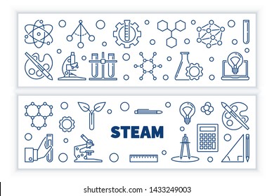 Set of 2 STEAM vector concept horizontal banners in thin line style on white background