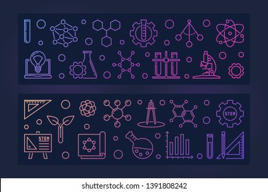 Set of 2 STEM Education vector concept colored linear banners with dark background