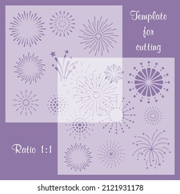 Set of 2 stencils. Collection of fireworks. Template for laser, plotter cutting.  A set of panels for interior decoration, for creating backgrounds,  for any craft project. Design element for holidays