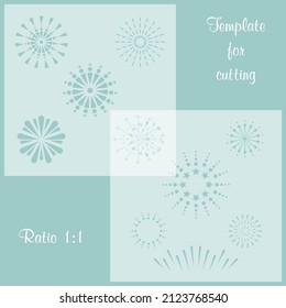 Set of 2 stencils. Collection of fireworks. Template for laser, plotter cutting.  A set of panels for interior decoration, for creating backgrounds,  for any craft project. Design element for holidays