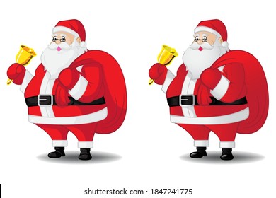 Set von 2 Stilen Cartoon Santa Claus Charakter mit Geschenk, Tasche und Glocke.Weihnachtsillustrationen einzeln auf Weiß.