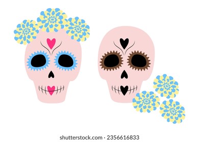 Set of 2 Sugar Skull with a wreath of flowers in trendy shades. Day of the Dead. Dia de los muertos