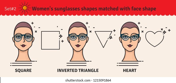 Set 2. Sunglasses shapes guide. Women's sunglasses shapes matched with face shape. Various forms of sunglasses. Vector illustration.