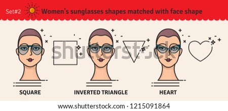 Set 2. Sunglasses shapes guide. Women's sunglasses shapes matched with face shape. Various forms of sunglasses. Vector illustration.