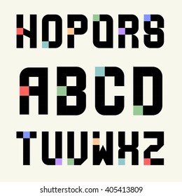 Set 2 Templates capital letters of black blocks with color inserts. Pixel Alphabet. For emblems, logos and monograms