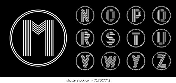 Set 2 of templates from of  capital letters from white stripe in a black circle. Overlapping with shadows. Logo, monogram, emblem trendy design