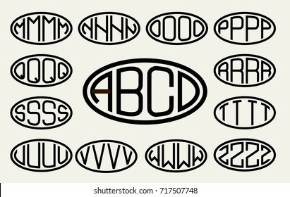 Set 2 of templates from of four capital letters inscribed in a oval. From wide lines of the same thickness. To create logos, emblems, monograms. Lineart style.