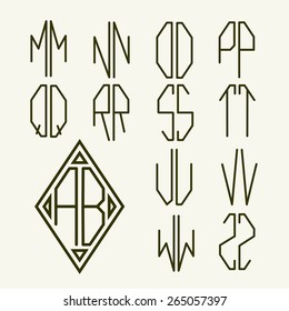 Set 2 of templates of letters to create a two-letter monogram inscribed in rhombus in the Art Nouveau style