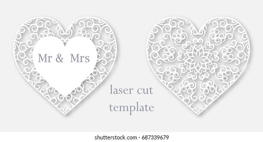 Set of 2 templates of openwork hearts for laser or plotter cutting. Decorative element for design.