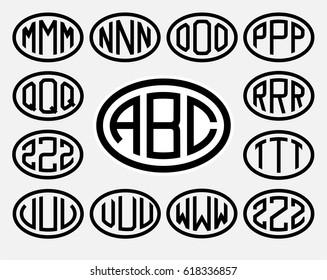 Set 2 of templates from three capital letters inscribed in a oval. From wide lines of the same thickness. To create logos, emblems, monograms. Lineart style