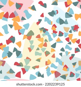 Satz von 2 nahtlosen Terrazzo-Mustern in hellen und zarten orangen, blauen, roten und rosafarbenen Farben Childische abstrakte dreieckige Vektorgrafik zum Verpacken von Papier, Textilien 