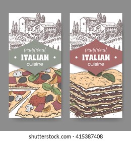 Set of 2 traditional Italian cuisine labels with Tuscan landscape, color pizza and lasagna on white. Great for pizzeria, bakery and restaurant, cafe ads, brochures, labels.