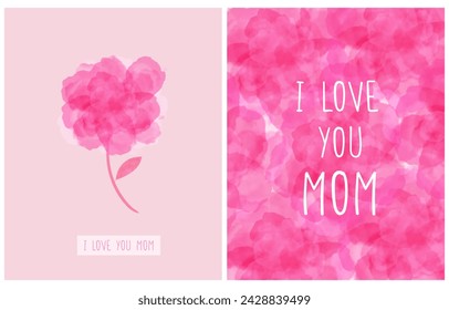 Set of 2 Trendy Hand Drawn Floral Cards for Mother's Day. Vibrant Pink Watercolor Peony Flower on a Pastel Pink Background. Simple White "I love you mom" on a Sweet Watercolor Floral Layout. RGB. 