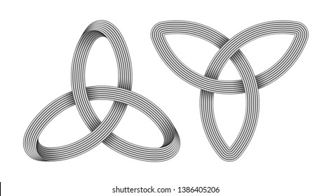 Set of 2 Triquetra knots made of intersected silver strips. Celtic trinity symbol. Vector realistic illustration isolated on white background.