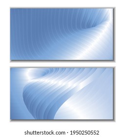 A set of 2 unusual abstract bright backgrounds. Curve of parallel gradient stripes. Blue metallic luster. Creative background, wallpaper, magazine cover. EPS