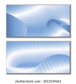 A set of 2 unusual abstract bright backgrounds. Curve of parallel gradient stripes. Blue metallic luster. Creative background, wallpaper, magazine cover. EPS