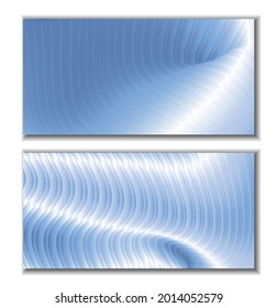 Un conjunto de dos originales y abstractos fondos de colores vivos. Curva de rayas de gradiente paralelas. Luster metálico azul. Fondo creativo, fondo de pantalla, portada de la revista. EPS